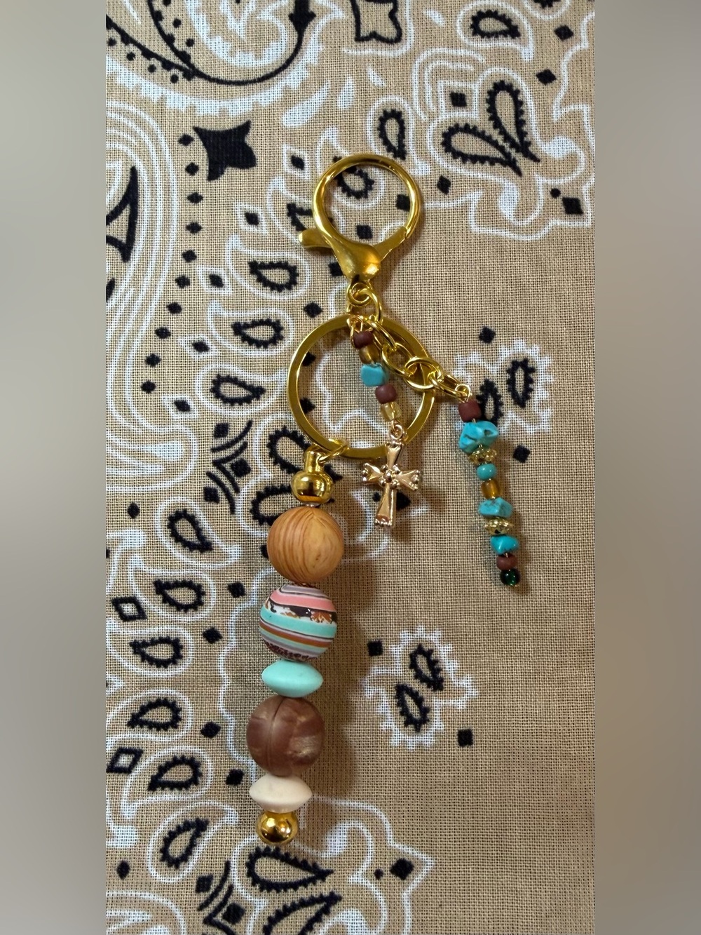 Gold-Tone Beaded Cross Keychain with Turquoise Accents